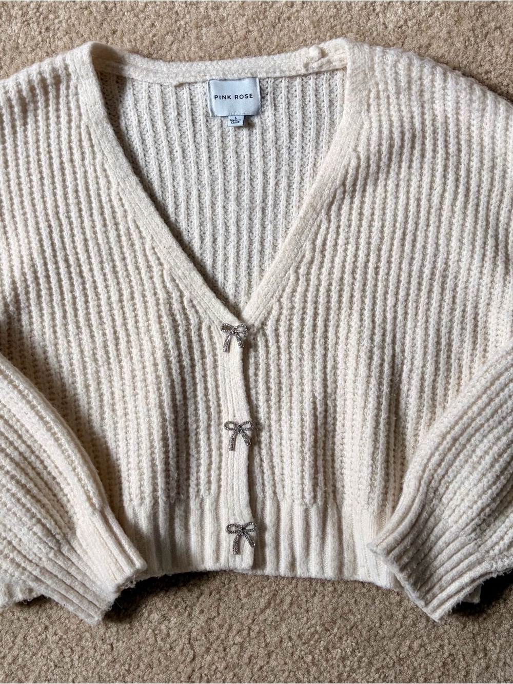 Pink Rose Cream Ribbed Knit V-Neck Bow Sweater Cardigan | Women | L